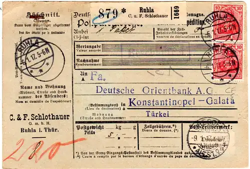 DR 1917, 2x10 Pf. m. perfins+rücks. 2 Mk. auf Paketkarte v. Ruhla i.d. Türkei
