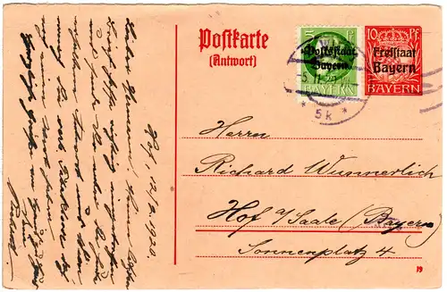 Bayern 1920, 10 Pf. Freistaat Antwortkarte m. Zusatz 5 Pf. v. Wien gebraucht
