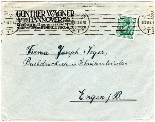 DR 1919, 5 Pf. Germania m. perfin G.W. auf Firmen Brief v. Hannover