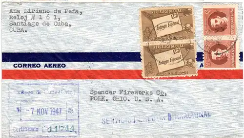 Cuba 1947, 4 Marken auf Reko Luftpost Brief v. Santiago n. USA m. L1 SERVICIO...