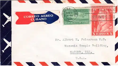 Cuba 1946, 3+5 C auf Luftpost Brief v. Havanna n. USA m. cuban. Air Mail Etikett
