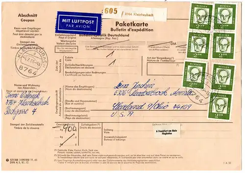 BRD 1966, reine MeF 7x2 M. auf Luftpost Paketkarte v. Kleinheubach n. USA