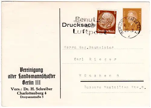 DR, gebr. 3 Pf. Privatganzsachenkarte Vereinigung alter Landmannschafter Berlin.