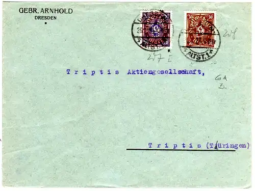 DR 1923, 20+30 Mk. m. perfin Firmenlochung GA B. auf Firmen Brief v. Dresden