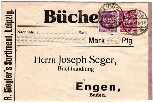 DR 1923, 20+100 Mk. m. perfin Firmenlochung auf Päckchenadresse v. Leipzig