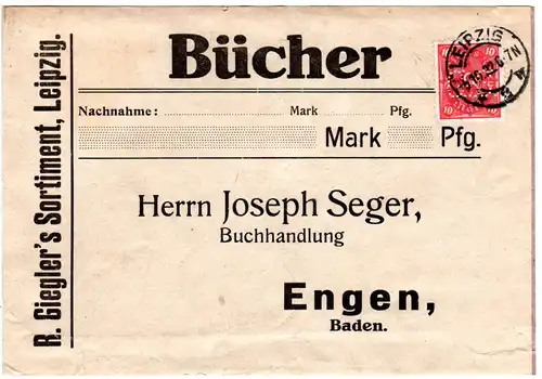 DR 1920, EF 10 Mk. m. perfin Firmenlochung auf Päckchenadresse v. Leipzig