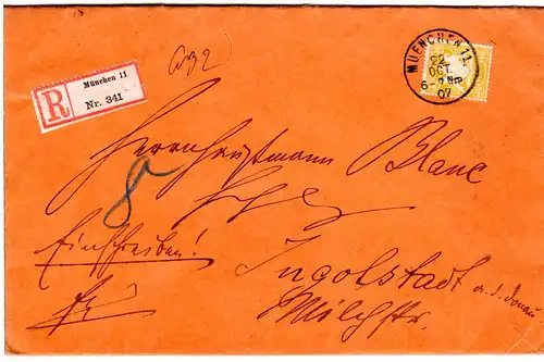 Bayern 1907, EF 40 Pf. auf portorichtigem Einschreiben Brief v. München 11