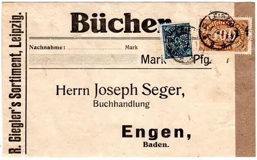 DR 1923, 50+400 Mk. m. perfin Firmenlochung auf Päckchenadresse v. Leipzig