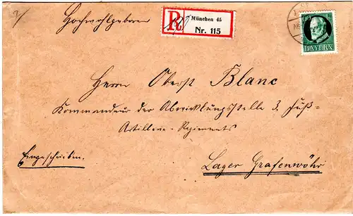 Bayern 1920, EF 60 Pf. auf portorichtigem Einschreiben Brief v. München. Geprüft