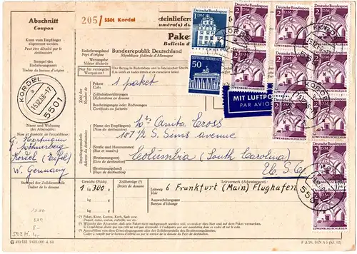 BRD 1966, Massenfrankatur 10x2+1 DM+50 Pf. auf Luftpost Paketkarte v. Kordel 