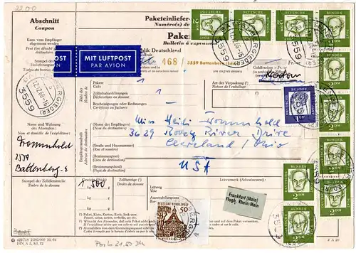 BRD 1966, Massenfrankatur 10x2+1 DM+50 Pf. auf Luftpost Paketkarte v. Battenberg