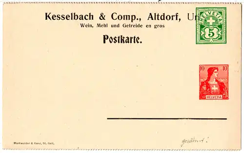 Schweiz, gezähnte 5+10 C. Privat Ganzsachen Karte Kesselbach &. Comp., Altdorf