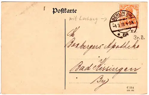 DR 1918, 7 1/2 Pf. Germania m. perfin Dr.B. auf Karte v. Berlin Neukölln.