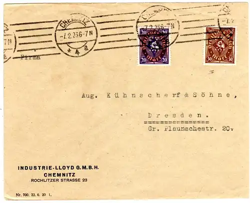 DR 1923, 20+30 Mk.. m. perfin Firmenlochung Z auf Firmen Brief v. Chemnitz