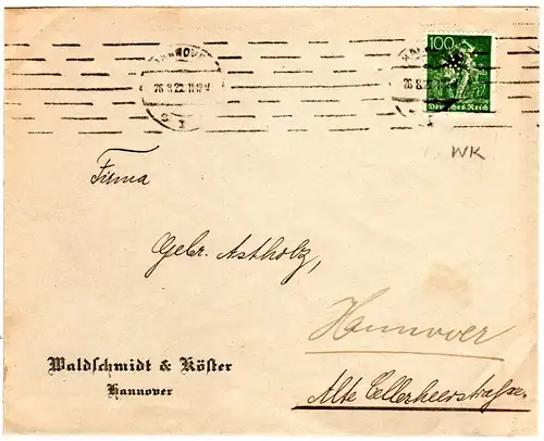 DR 1922, 100 Pf. m. perfin Firmenlochung WK auf Firmen Brief v. Hannover.