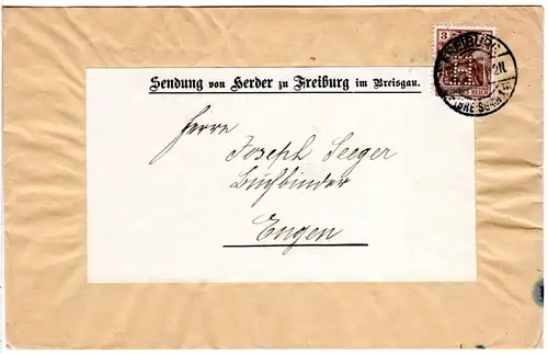 DR 1906, 3 Pf. Germania m. perfin H auf Drucksache Brief v. Freiburg.