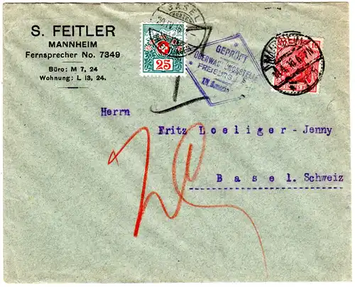 DR 1916, 10 Pf. Germania auf Zensur Brief v. Mannheim m. Schweiz Portomarke