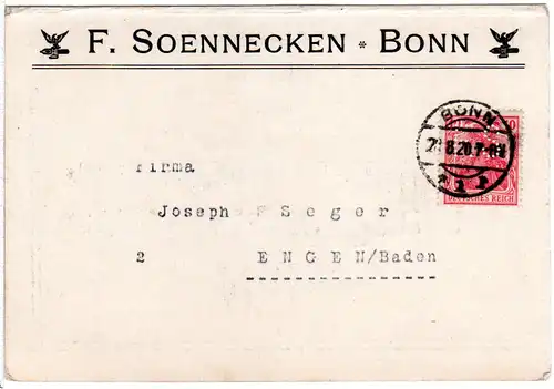 DR 1920, 10 Pf. Germania m. perfin F.S. auf Firmenkarte v. Bonn.