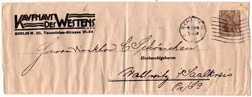 DR 1913, v. Berlin gebr. 3 Pf. Germania Privat-Streifband Kaufhaus des Westens