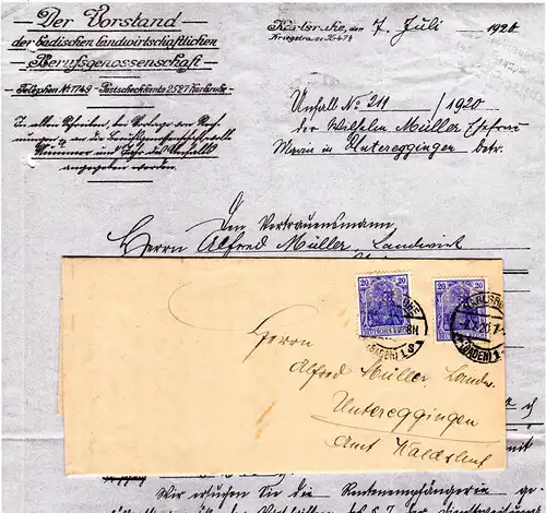 DR 1920, 2x20 Pf. Germania m. perfin LB auf Behörden Brief v. Karlsruhe