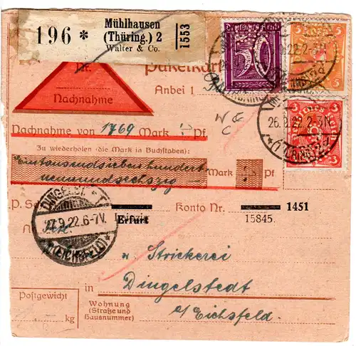 DR 1922, 50 Pf.+3+5 Mk. m. perfin W&C auf Nachnahme Paketkarte v. Mühlhausen