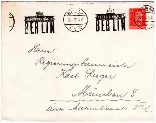 DR 1928, 15 Pf. Kant Privatganzsache Umschlag m. Berlin Brandenburger Tor Stpl.