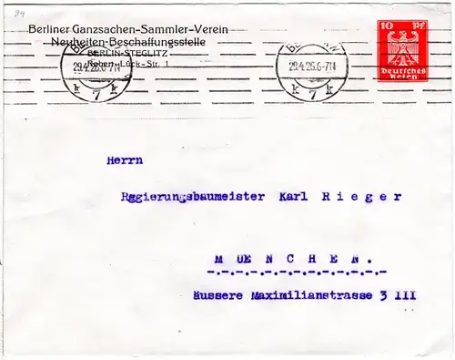 DR 1926, gebr. 10 Pf Privatganzsache Umschlag Berliner Ganzsachen Sammler Verein