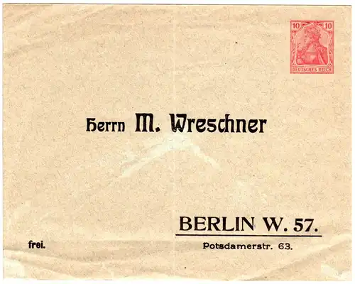 DR, ungebr. 10 Pf. Germania Privatganzsache Umschlag m. Adresszudruck Wreschner