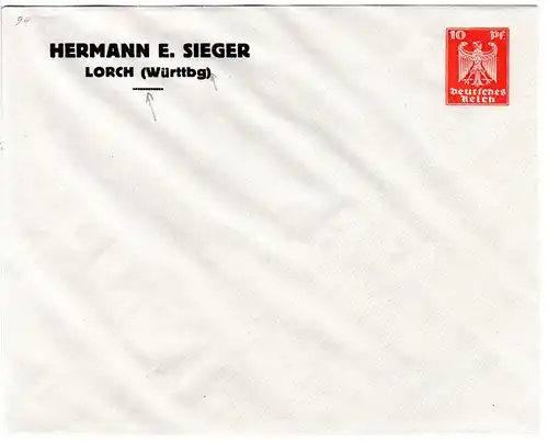 DR, ungebr. 10 Pf. Privatganzsache Umschlag H.E. Sieger, Lorch m. Zierstrich