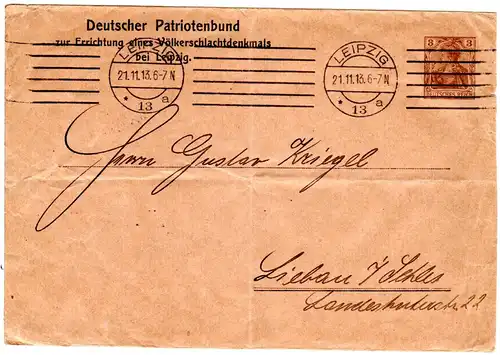 DR 1913, gebr. 3 Pf. Germania Privatganzsache Streifband Patriotenbund Leipzig