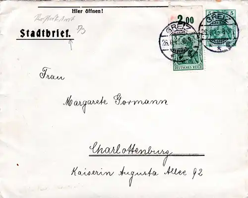 DR 1913, gebr. Privat-Anzeigenumschlag 5 Pf. Germania "Rostock"