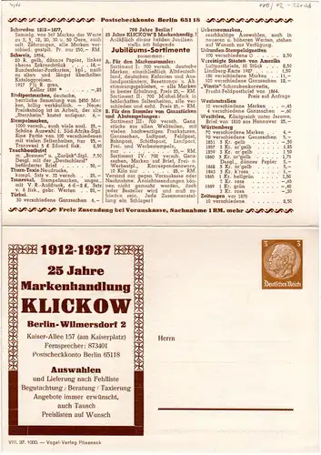DR, ungebr. 3 Pf. Faltkarte Privatganzsache 25 Jahre Klickow Berlin 1912-1937