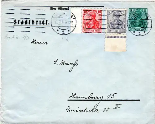DR 1911, gebr. Privat-Anzeigenumschlag 5 Pf. Germania "Stadtbrief Hamburg"