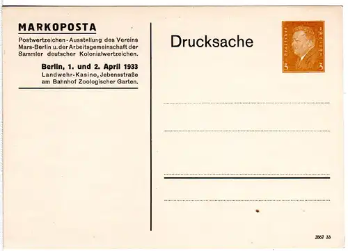 DR, ungebr. 3 Pf. Drucksache Privatganzsachenkarte Markoposta Berlin 1933