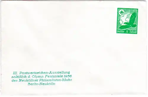 DR, ungebr. 5 Pf. Privatganzsachen Umschlag III. PWZ-Ausstellung Berlin Olympia