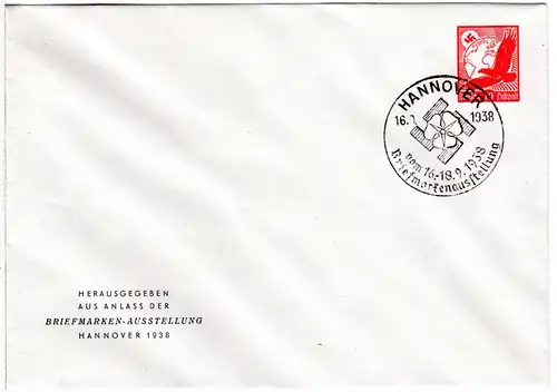 DR, 10 Pf. Privatganzsachen Umschlag Briefmarken-Ausstellung Hannover 1938