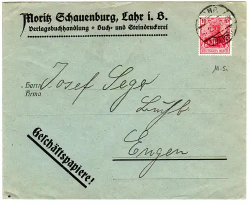 DR 1912, 10 Pf. Germania m. perfin auf Geschäftspapiere Firmen Brief v. Lahr.