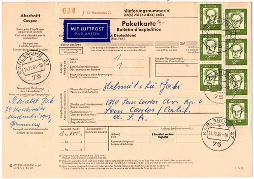 BRD 1966, reine MeF 7x2 M. auf Luftpost Paketkarte v. Karlsruhe n. USA