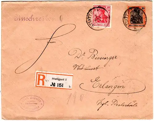 DR 1914, 30 Pf. Privatganzsachenumschlag m. Zusatzfrankatur per Einschreiben