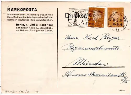 DR, gebr. 3 Pf. Drucksache Privatganzsachenkarte Markoposta Berlin 1933