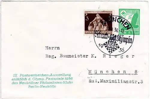 DR, gebr. 5 Pf. Privatganzsachen Umschlag III. PWZ-Ausstellung Berlin Olympia