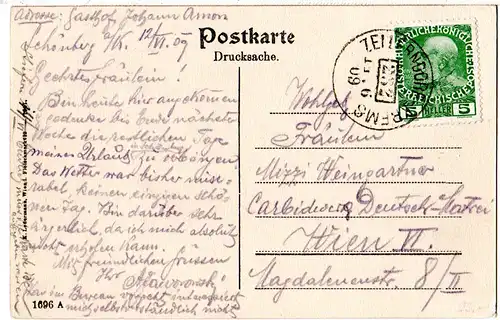 Österreich 1909, Bahnpost-K1 ZELLERNDORF-KREMS auf AK Schönberg am Kamp m. 5 H.