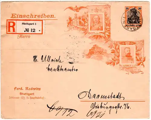 DR, gebr. 30 Pf. Privatganzsache Umschlag 1806-1906 + F. Redwitz, Stuttgart