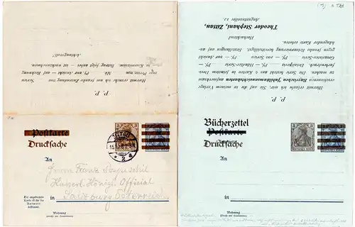DR 1908, gebr. 3 neben durchbalkter 2 Pf. Germania Drucksache Doppelkarte