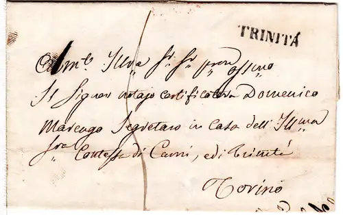Italien Sardinien 1843, L1 TRINITÁ klar auf Porto Brief n. Torino.