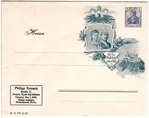 DR, ungebr. 2 Pf. Privatganzsache Umschlag Kaiserpaar. Philipp Kosack, Berlin