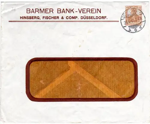DR 1917, gebr. 15 Pf. Germania Privatganzsache Umschlag Barmer Bank Verein