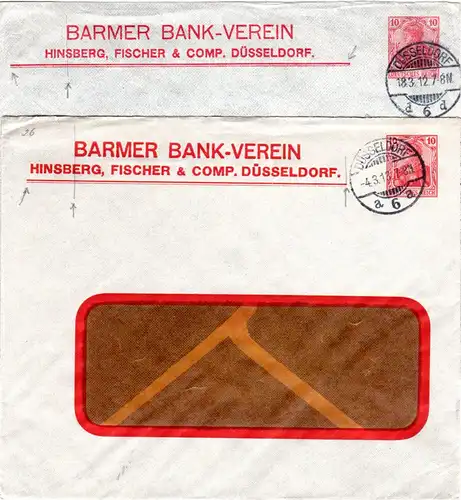 DR 1912/13, 2 versch. gebr. 10 Pf. Privatganzsache Umschläge Barmer Bank Verein