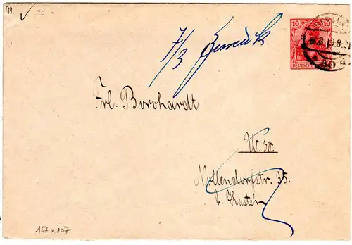 DR,1919 in Berlin gebr. 10 Pf. Germania Privatganzsachenumschlag m. zurück-Stpl.