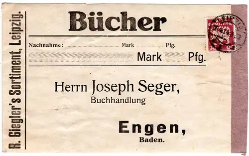 DR 1924, EF 30 Pf. m. perfin Firmenlochung auf Päckchenadresse v. Leipzig